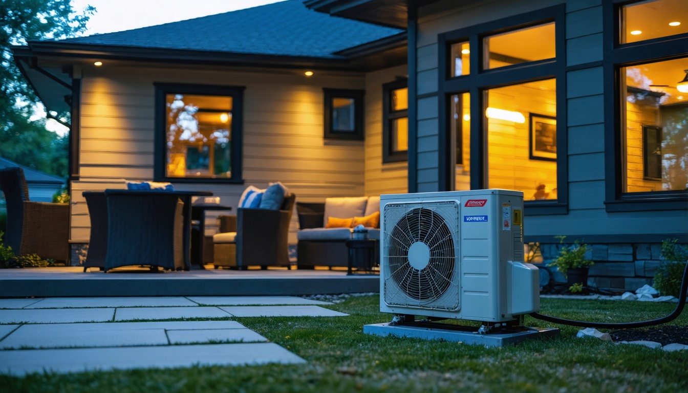 Heat pump installed outside a warm-lit Craftsman home at twilight